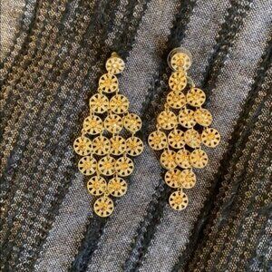 Express Gold Chandelier Earrings with Intricate Design